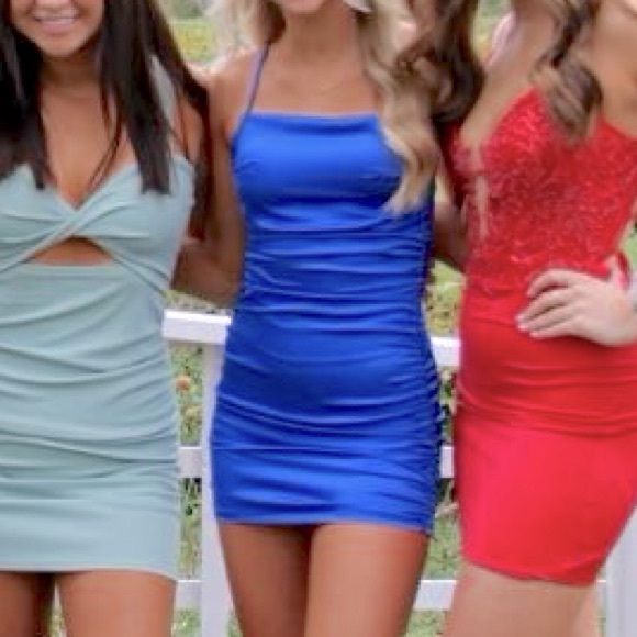 Silk Blue Mini Dress Strappy Back - Picture 4 of 5